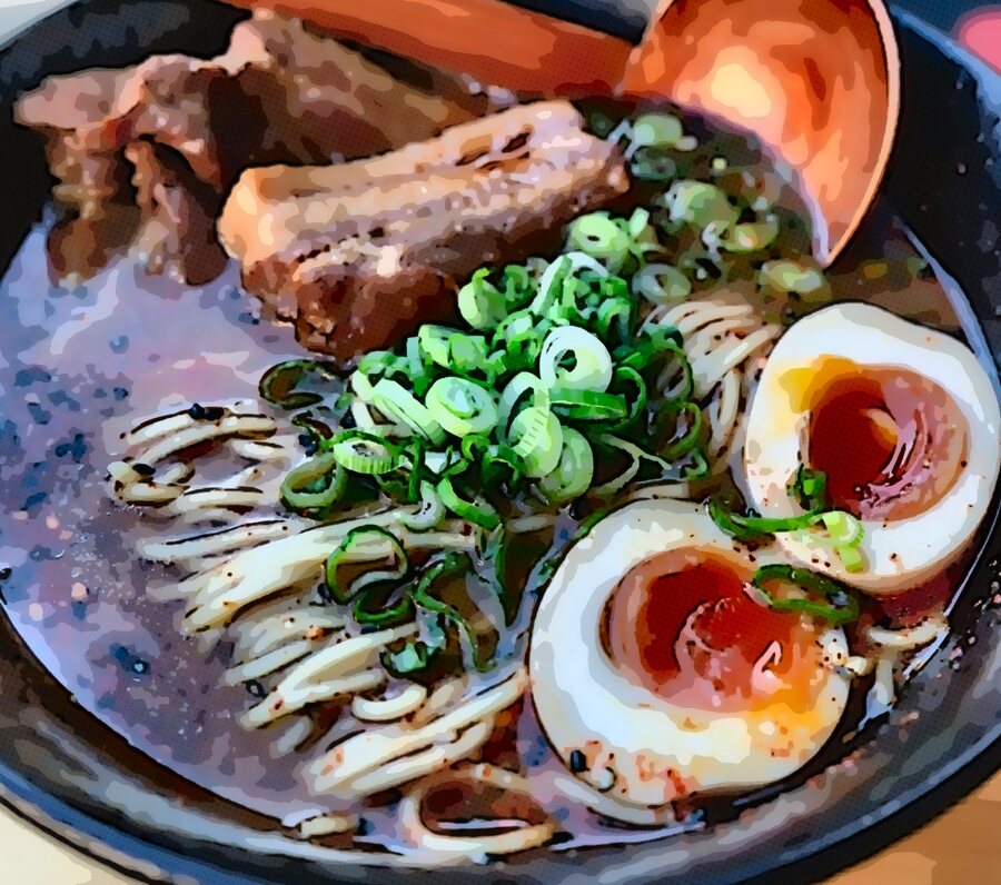 Comic-style bowl of ramen with jammy eggs, pork belly, scallions and noodles